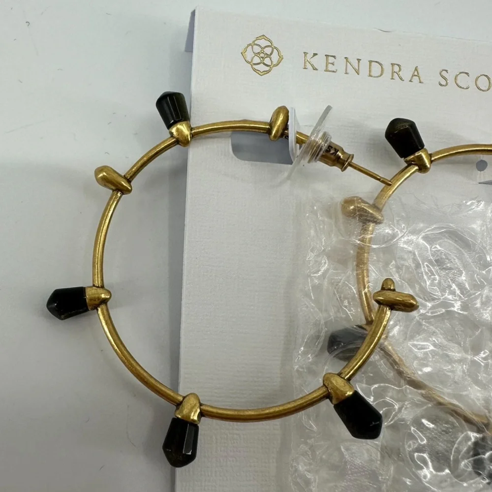 Kendra Scott Freida Hoop Earrings Vintage Gold Obsidian New with Tag